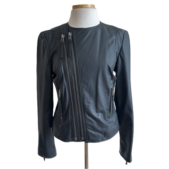 Joie Black Leather Short Round Neck Biker Asymmetric Zip Leather Jacket Sz Large - Picture 1 of 16